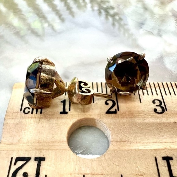 Vintage Handmade Smokey Quartz Stud Earrings. Antique Gold Designer Earrings - Picture 16 of 17